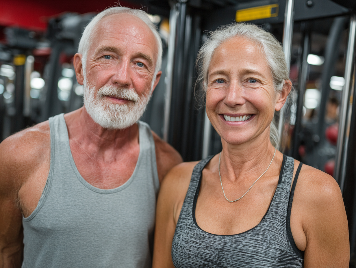 Група възрастни хора правят упражнения в парк